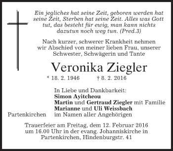 Traueranzeige von Veronika Ziegler 