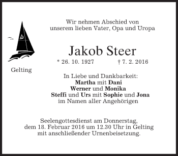 Traueranzeige von Jakob Steer von merkurtz