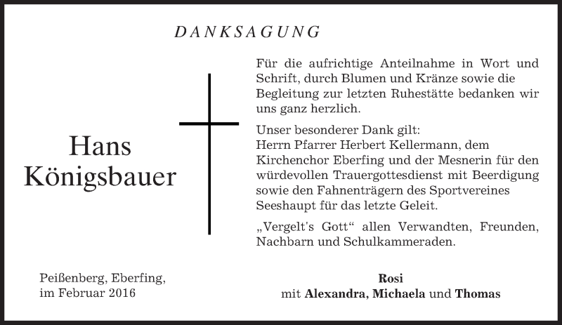  Traueranzeige für Hans Königsbauer vom 13.02.2016 aus merkurtz