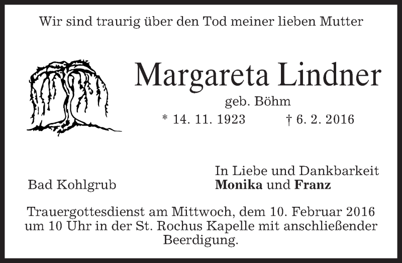  Traueranzeige für Margareta Lindner vom 09.02.2016 aus 