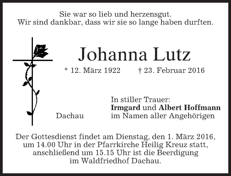  Traueranzeige für Johanna Lutz vom 27.02.2016 aus merkurtz