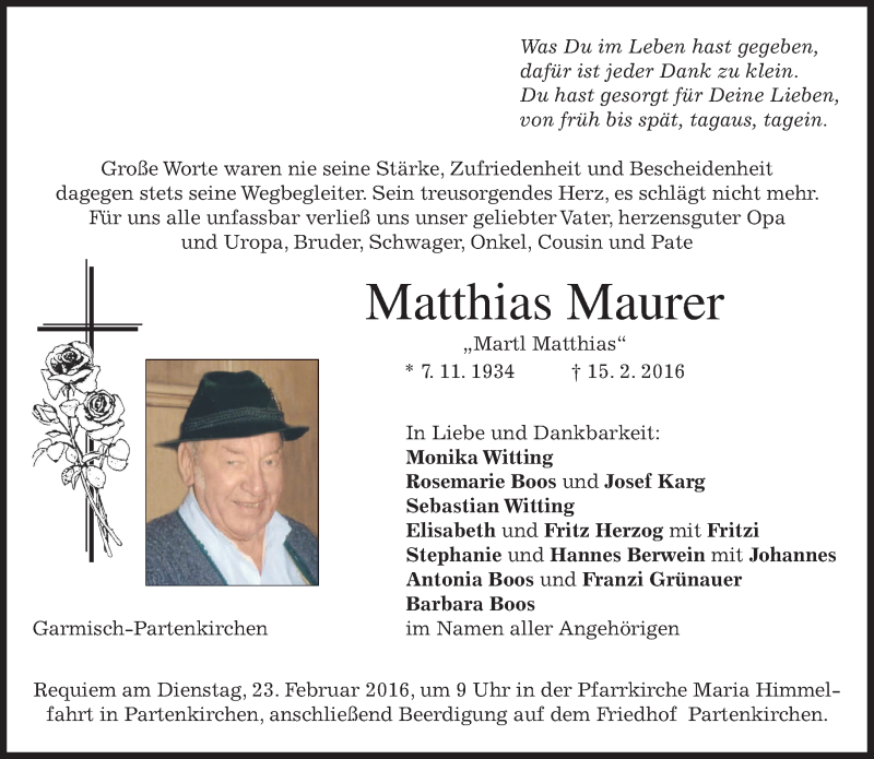  Traueranzeige für Matthias Maurer vom 19.02.2016 aus merkurtz