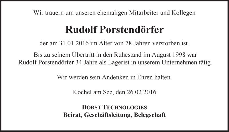  Traueranzeige für Rudolf Porstendörfer vom 26.02.2016 aus merkurtz