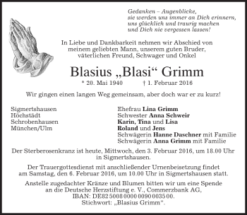 Traueranzeige von Blasius Grimm 