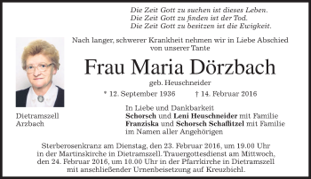 Traueranzeige von Maria Dörzbach von merkurtz
