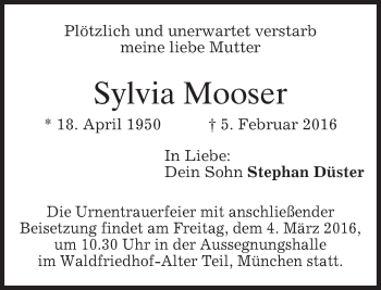 Traueranzeige von Sylvia Mooser von merkurtz