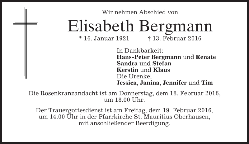  Traueranzeige für Elisabeth Bergmann vom 16.02.2016 aus merkurtz