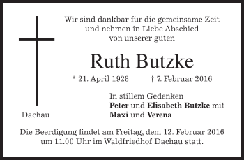 Traueranzeige von Ruth Butzke 
