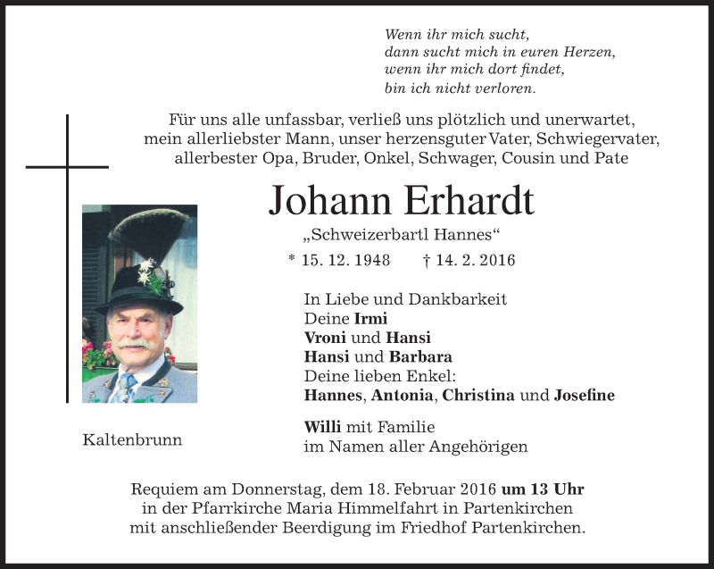  Traueranzeige für Johann Erhardt vom 16.02.2016 aus merkurtz