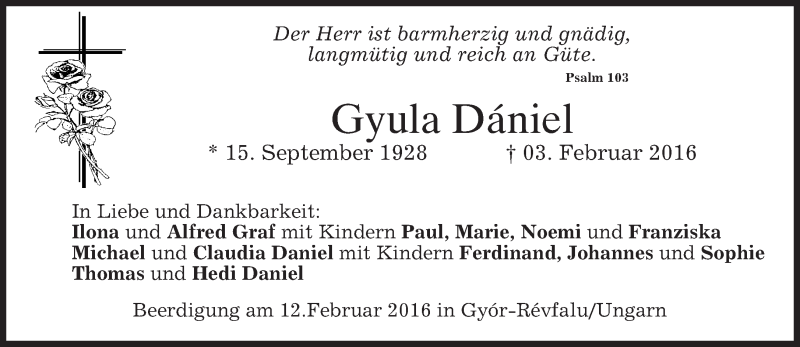  Traueranzeige für Gyula Dániel vom 12.02.2016 aus merkurtz