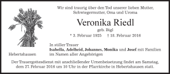 Traueranzeige von Veronika Riedl von merkurtz