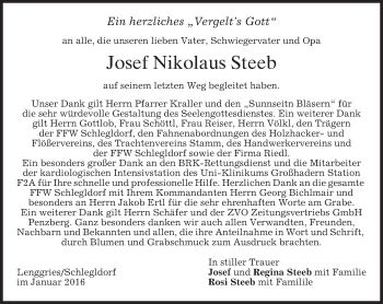 Traueranzeige von Josef Nikolaus Steeb 