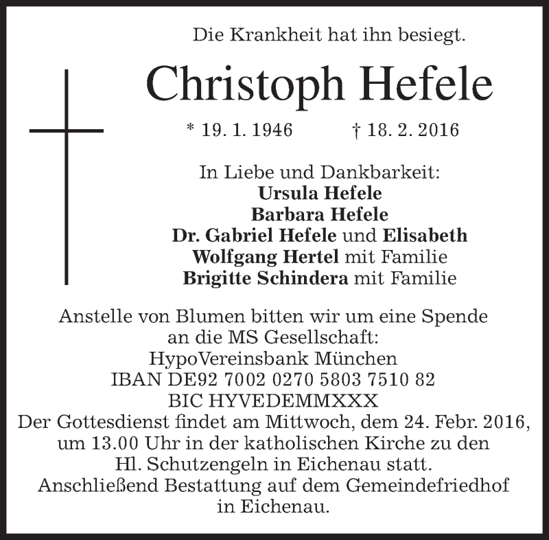  Traueranzeige für Christoph Hefele vom 23.02.2016 aus merkurtz
