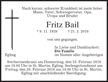 Traueranzeige von Fritz Bail von merkurtz