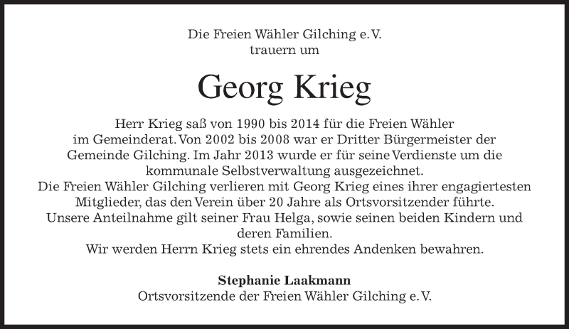  Traueranzeige für Georg Krieg vom 23.02.2016 aus merkurtz