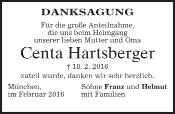 Traueranzeige von Centa Hartsberger von merkurtz