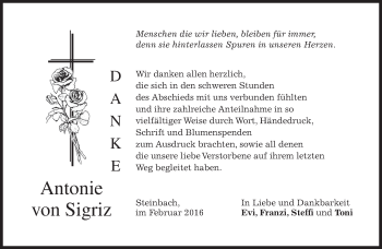 Traueranzeige von Antonie von Sigriz von merkurtz