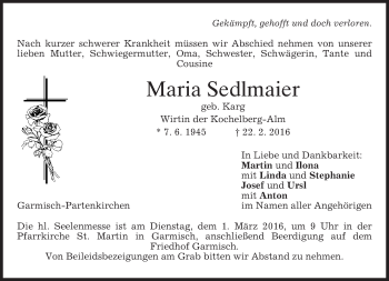 Traueranzeige von Maria Sedlmaier von merkurtz