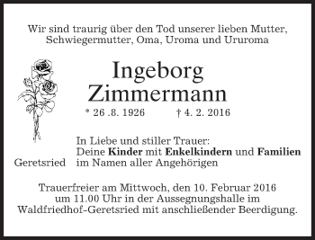 Traueranzeige von Ingeborg Zimmermann 