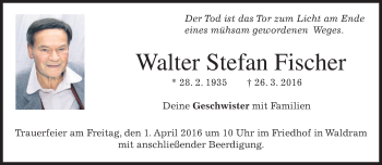 Traueranzeige von Walter Stefan Fischer von merkurtz