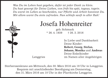 Traueranzeige von Josefa Hohenreiter von merkurtz