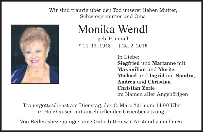  Traueranzeige für Monika Wendl vom 05.03.2016 aus merkurtz