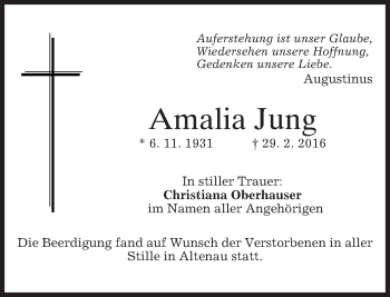 Traueranzeige von Amalia Jung von merkurtz