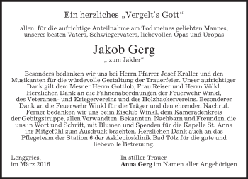 Traueranzeige von Jakob Gerg von merkurtz