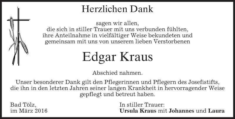  Traueranzeige für Edgar Kraus vom 19.03.2016 aus merkurtz