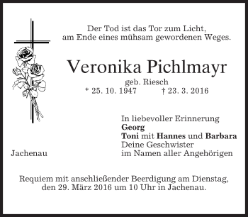 Traueranzeige von Veronika Pichlmayr von merkurtz