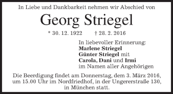 Traueranzeige von Georg Striegel von merkurtz