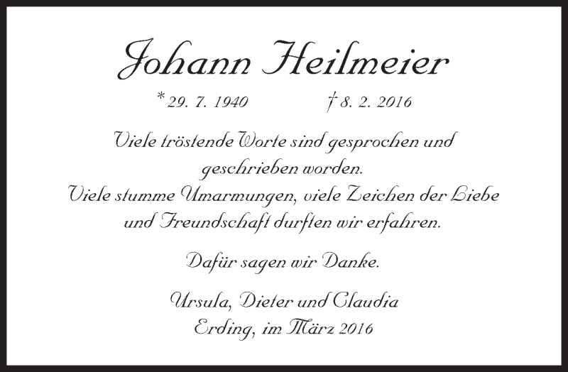  Traueranzeige für Johann Heilmeier vom 19.03.2016 aus merkurtz