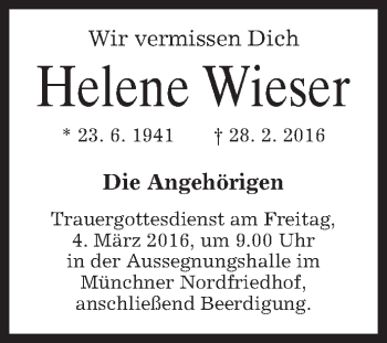 Traueranzeige von Helene Wieser von merkurtz