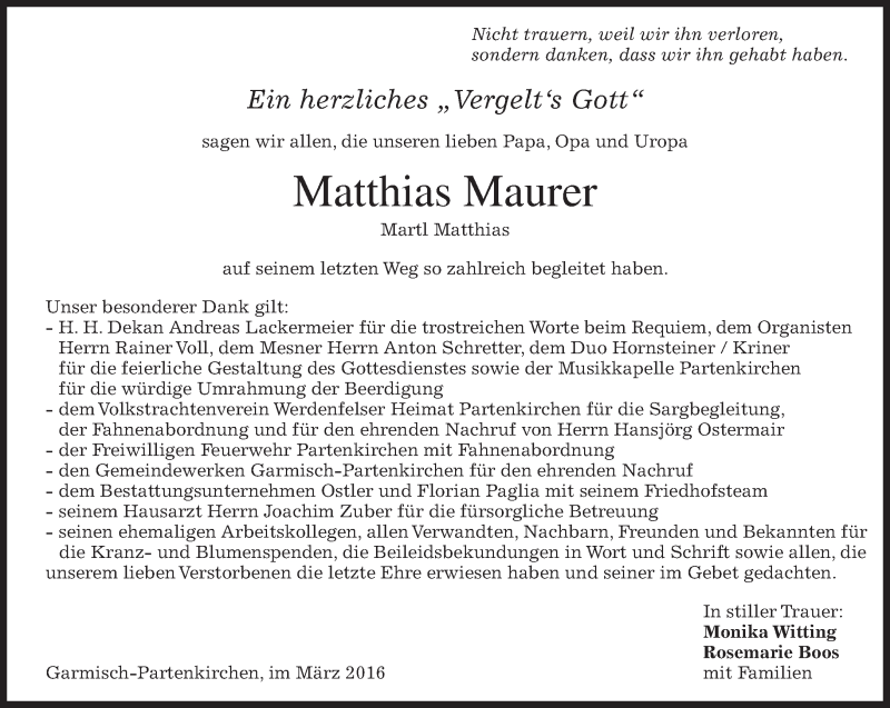  Traueranzeige für Matthias Maurer vom 05.03.2016 aus merkurtz