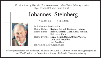 Traueranzeige von Johannes Steinberg von merkurtz