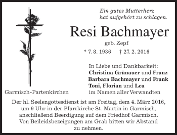 Traueranzeige von Resi Bachmayer von merkurtz