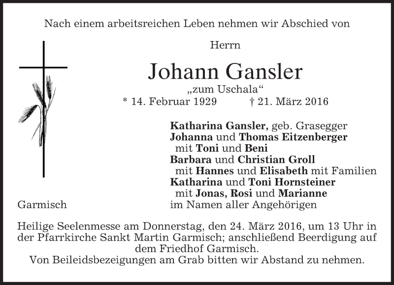  Traueranzeige für Johann Gansler vom 22.03.2016 aus merkurtz