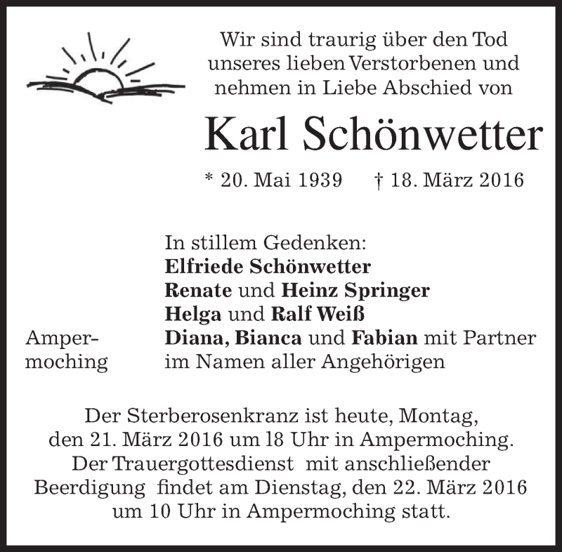  Traueranzeige für Karl Schönwetter vom 21.03.2016 aus merkurtz