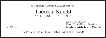 Traueranzeige von Theresia Kneißl von merkurtz