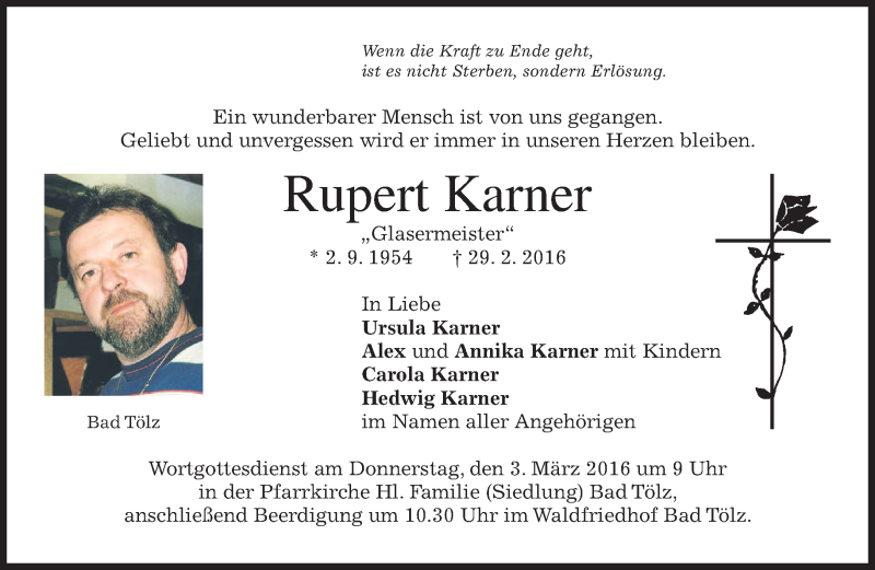  Traueranzeige für Rupert Karner vom 01.03.2016 aus merkurtz