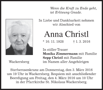 Traueranzeige von Anna Christl von merkurtz