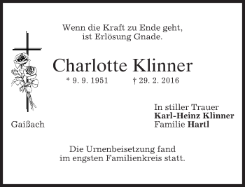 Traueranzeige von Charlotte Klinner von merkurtz