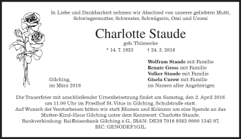Traueranzeige von Charlotte Staude von merkurtz