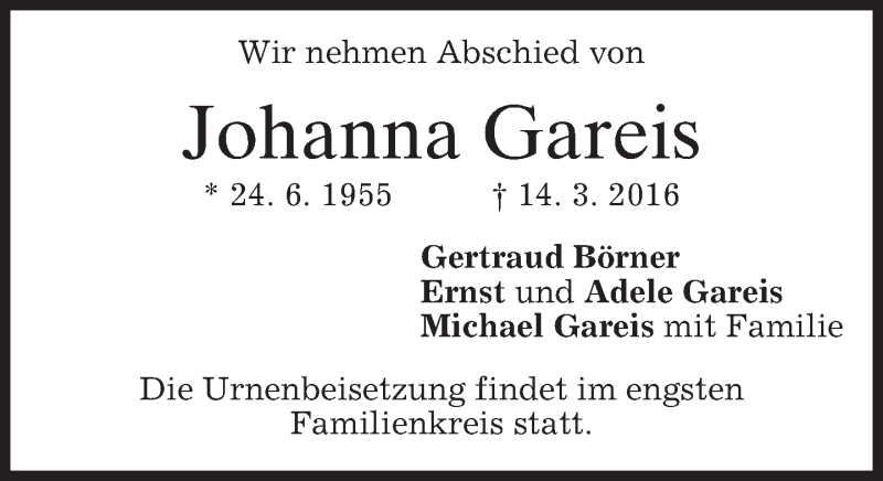  Traueranzeige für Johanna Gareis vom 26.03.2016 aus merkurtz