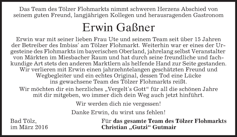  Traueranzeige für Erwin Gaßner vom 12.03.2016 aus merkurtz