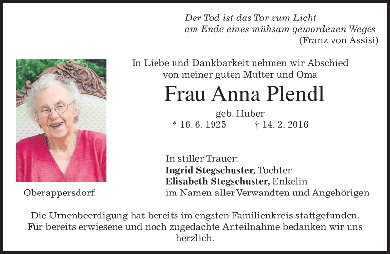  Traueranzeige für Anna Plendl vom 05.03.2016 aus merkurtz
