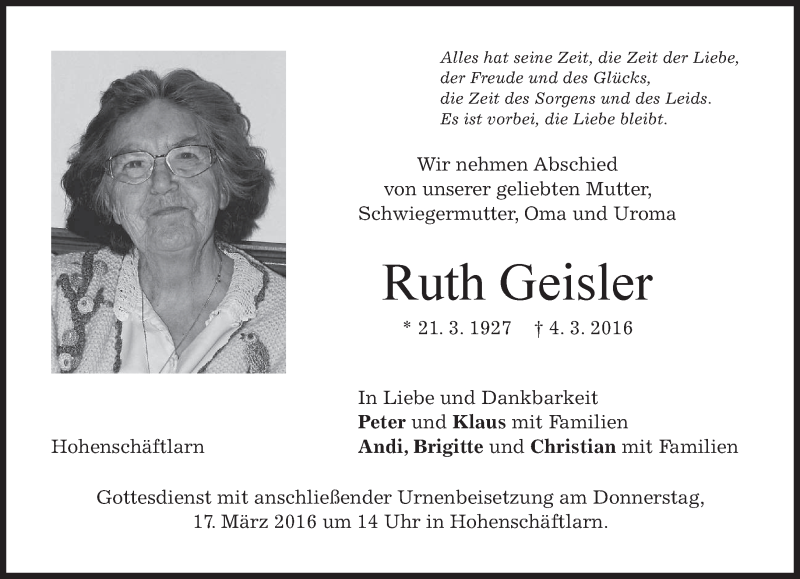 Traueranzeigen von Ruth Geisler | trauer.merkur.de