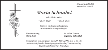 Traueranzeige von Maria Schnabel von merkurtz