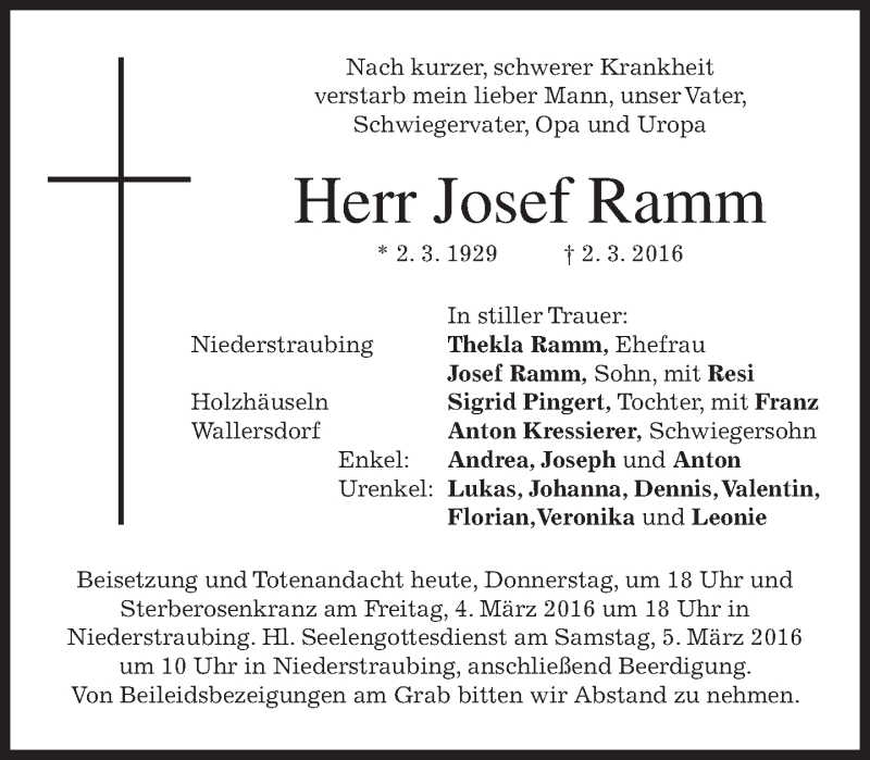  Traueranzeige für Josef Ramm vom 03.03.2016 aus merkurtz
