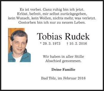 Traueranzeige von Tobias Rudek von merkurtz